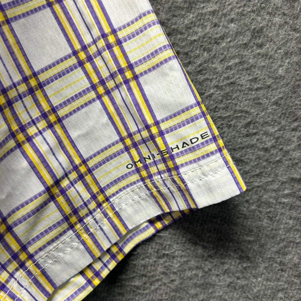 Columbia Mens Omni-Shade‎ Plaid Short Sleeve Button Down Shirt Purple Yellow XL